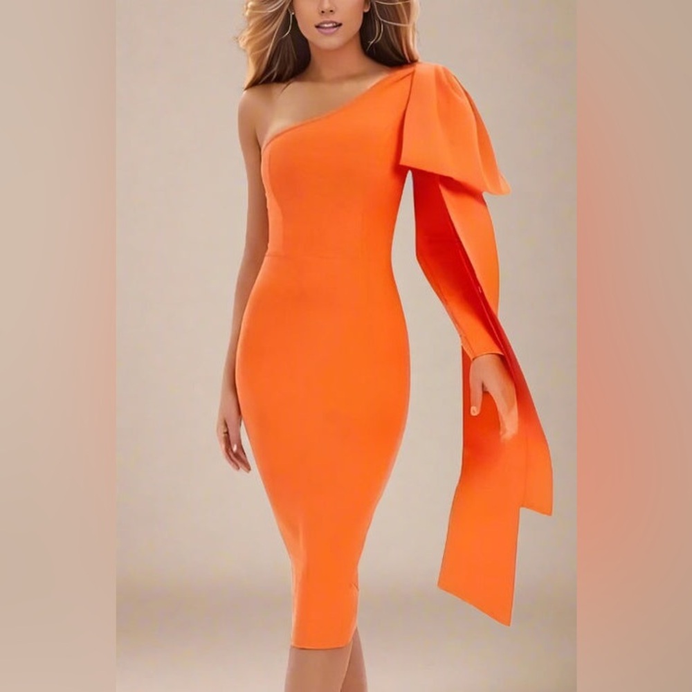 Vibrant Orange One-Shoulder Bandages Midi Dress size - S